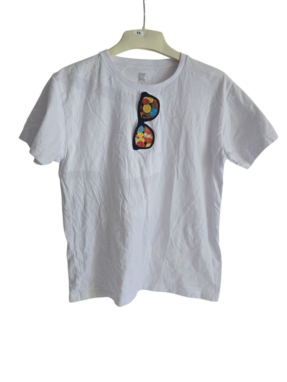 White T-Shirt with Colorful Embriodered Floral Sunglasses Patch